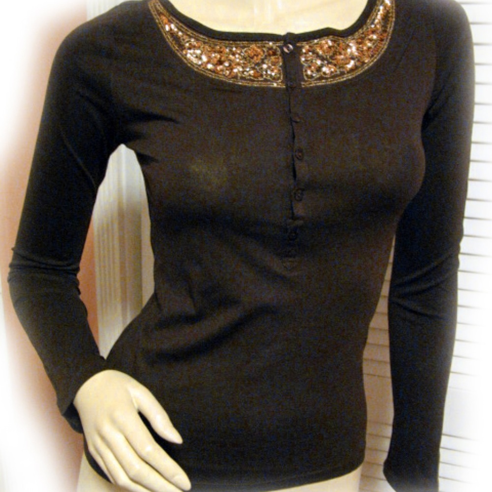 Y2K Vintage New Brown Long Sleeve Henley Top Gold Sequin Fairy Grunge Streetwear